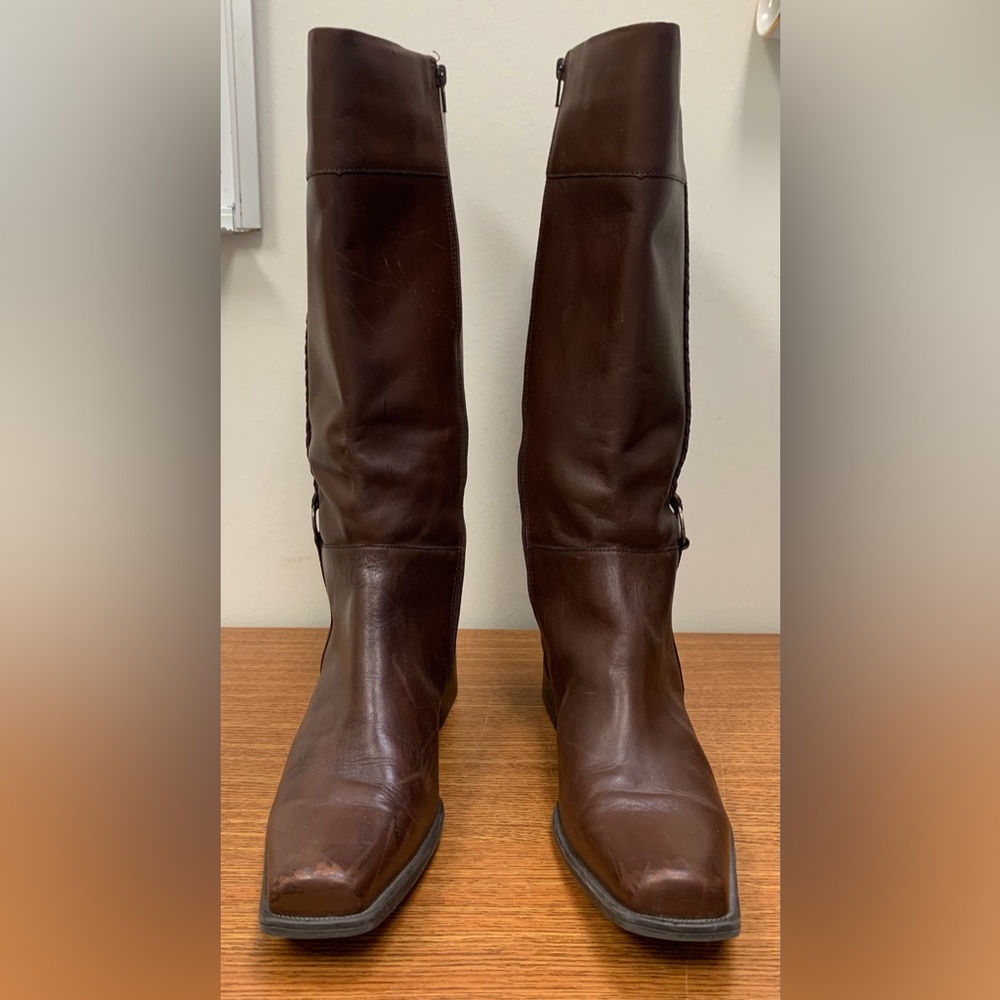 Croft & Barrow Brown Braided Leather Square Toe Tall Boots Zipper Closure SZ 10 - Picture 4 of 13